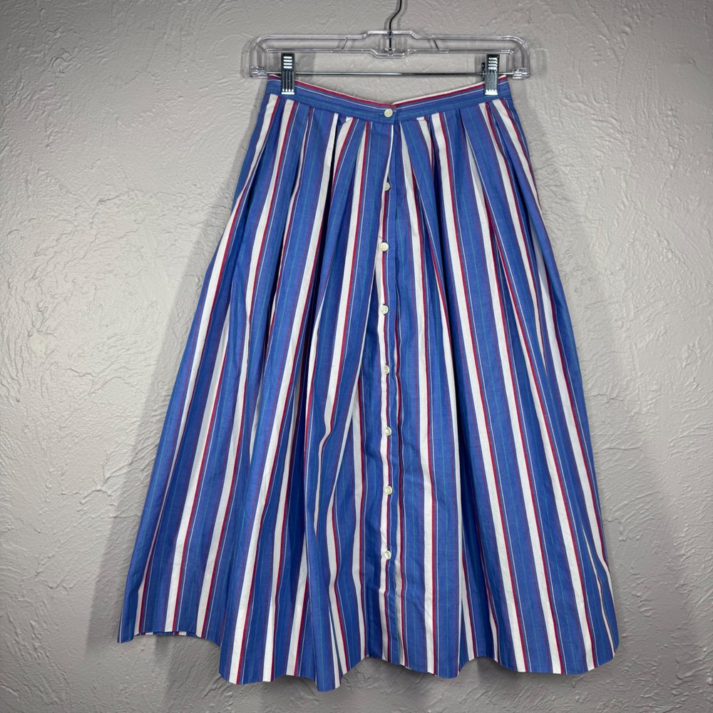 Vintage 80's women's Small 24" Cotton Red White Blue striped skirt with pockets